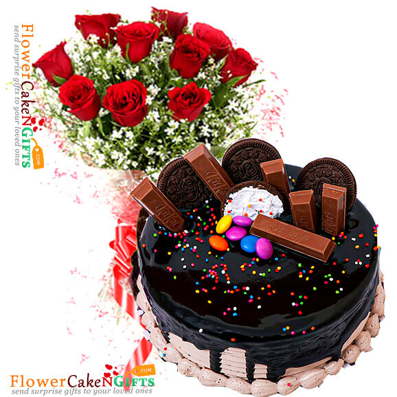 send half kg eggless choco oreo kit kat chocolate cake n 10 roses bouquet delivery